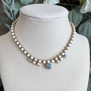 Vintage Milk Glass & Blue Rhinestone Necklace (Unsigned)